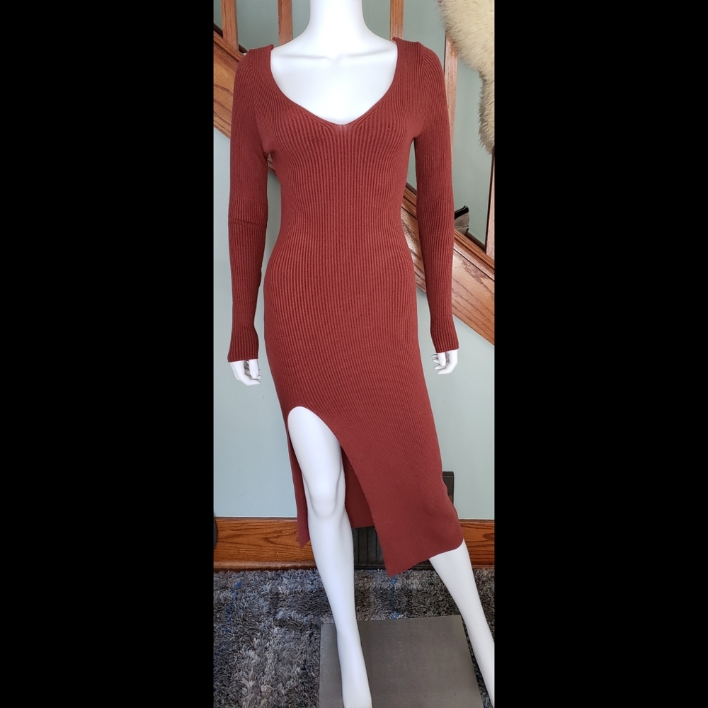 V Neck Front Slit Sweater Dress